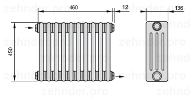 Схема (чертеж) Радиатор Zehnder Charleston 4045/10 №1670 Белый глянцевый RAL 9016